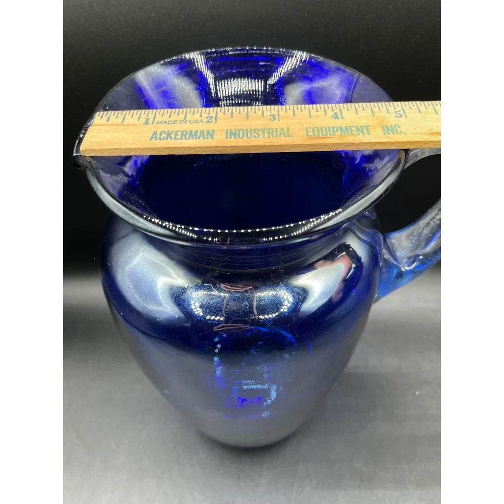 Vtg Cobalt Blue Hand Blown Glass Pitcher Clear Handle 9.25